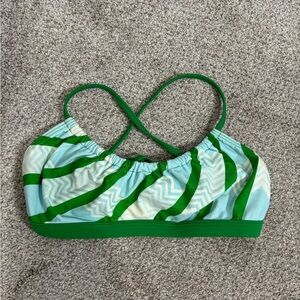 Patagonia Bikini Top Green Blue Striped Size Medium Halter Criss Cross